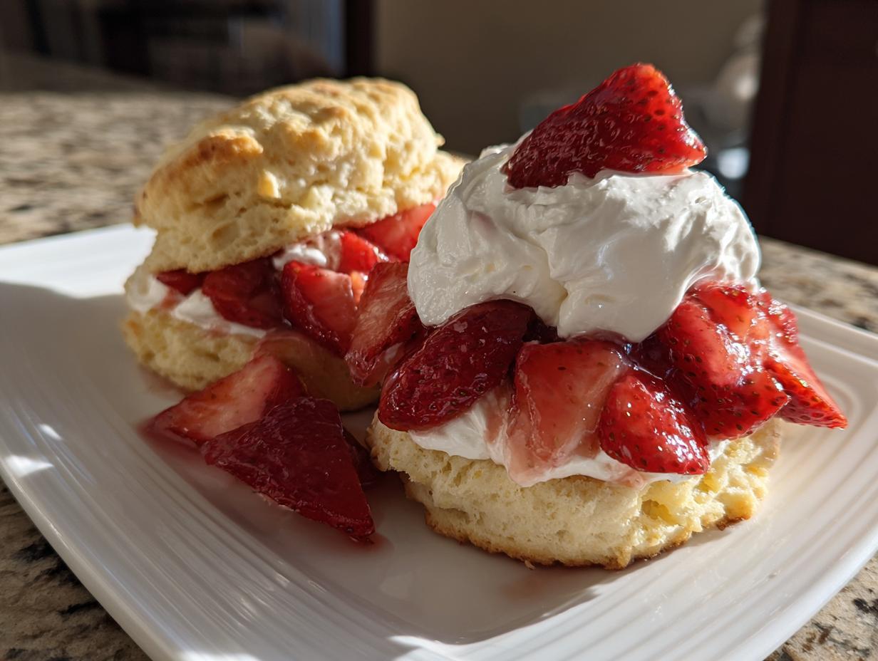 Strawberry shortcake biscuit dessert with fresh strawberries and whipped cream on a white plate.