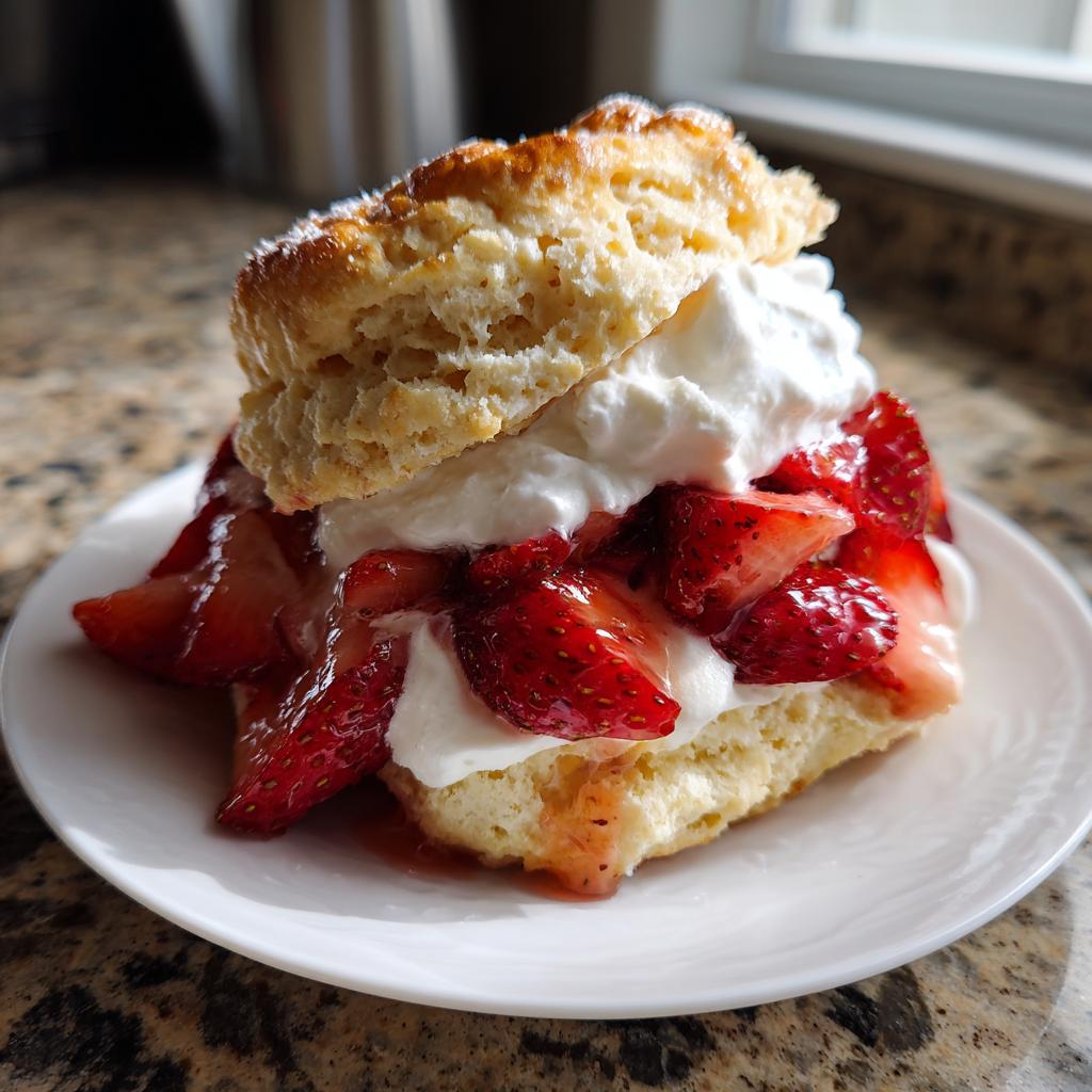 Strawberry shortcake biscuit dessert with whipped cream and fresh strawberries on a white plate.