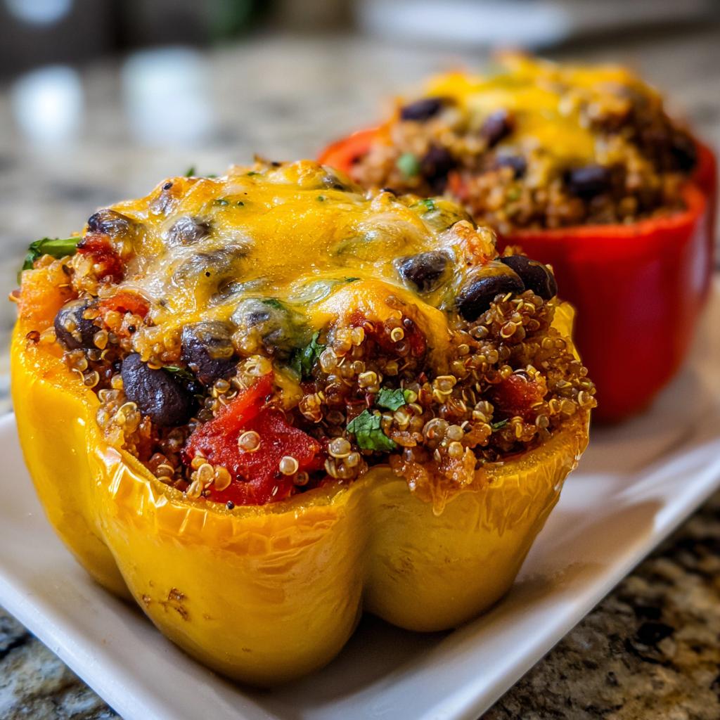 Close-up of stuffed bell peppers with quinoa and black beans topped with melted cheese.