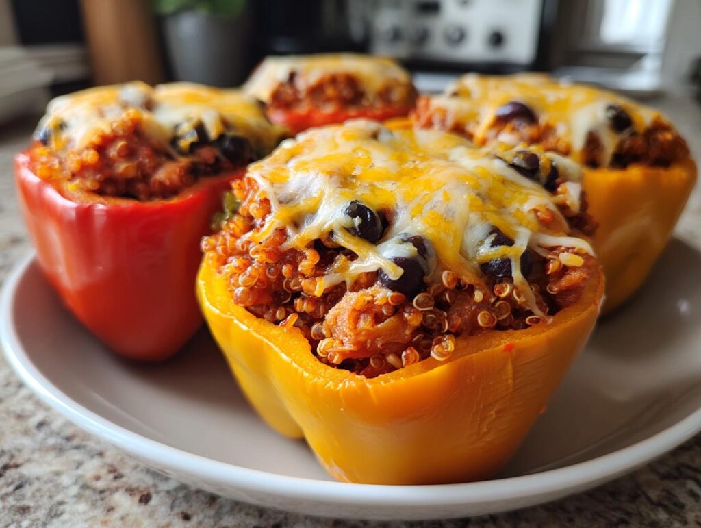 Close-up of stuffed bell peppers with quinoa and black beans topped with melted cheese on a plate.