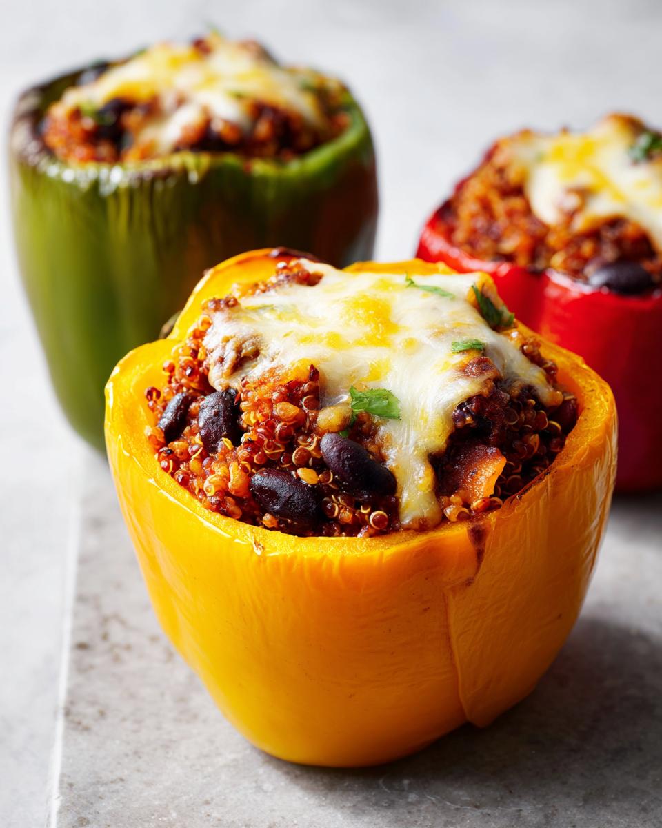 Close-up of stuffed bell peppers with quinoa and black beans topped with melted cheese.