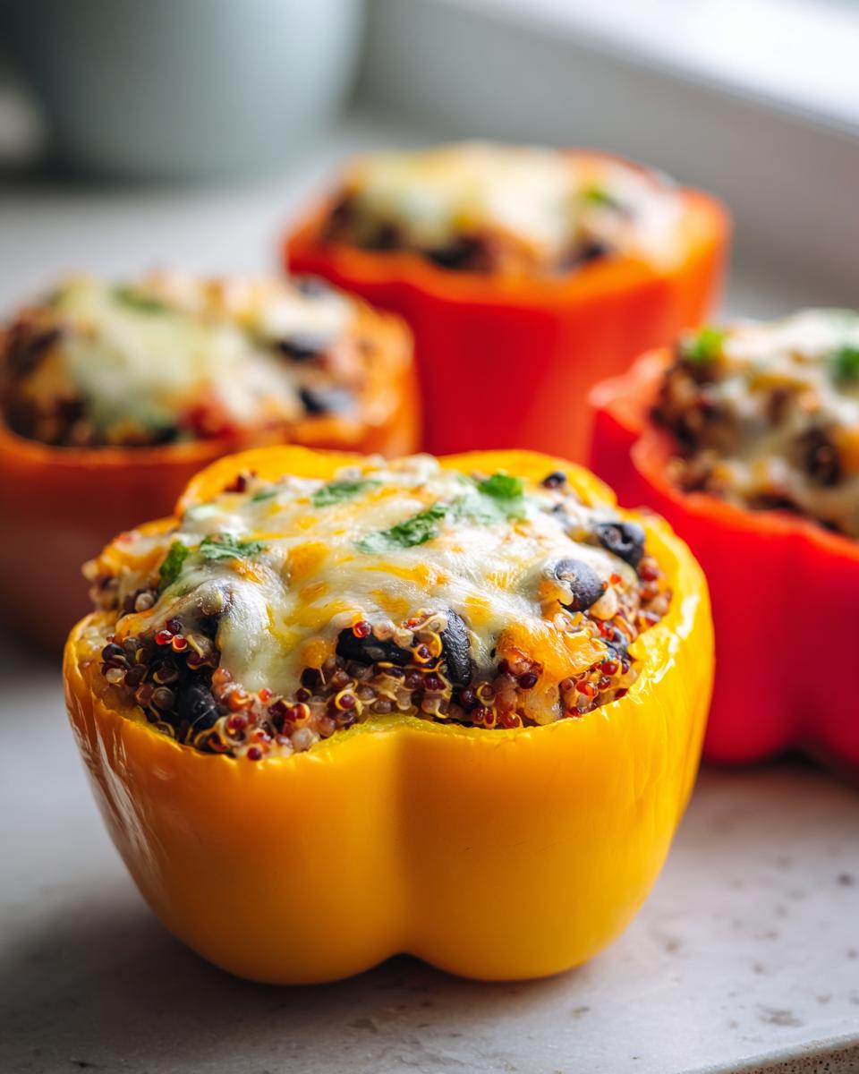 Yellow and red stuffed bell peppers filled with quinoa, black beans, and melted cheese on top.