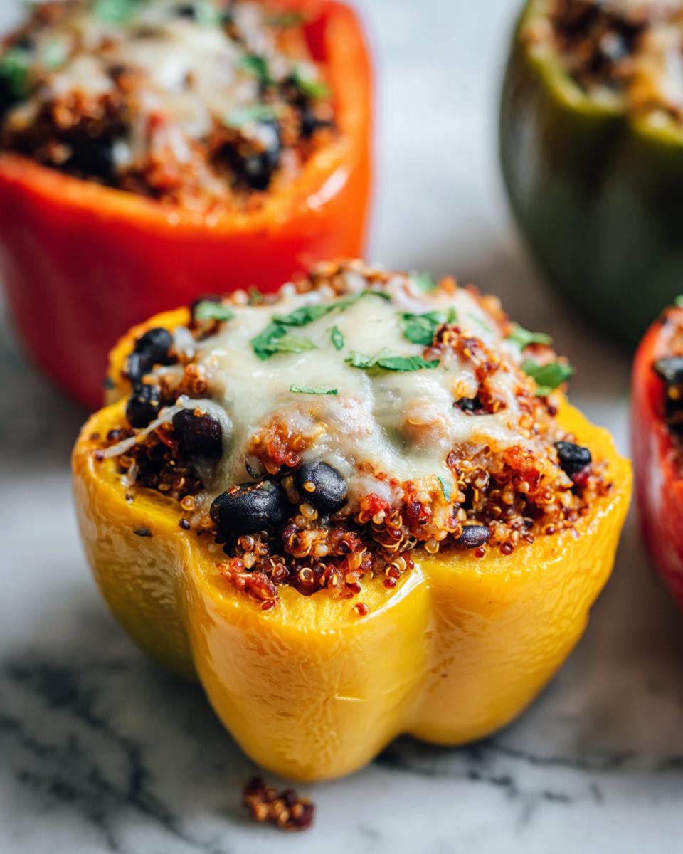 Close-up of stuffed bell peppers with quinoa and black beans topped with melted cheese and garnished with herbs.