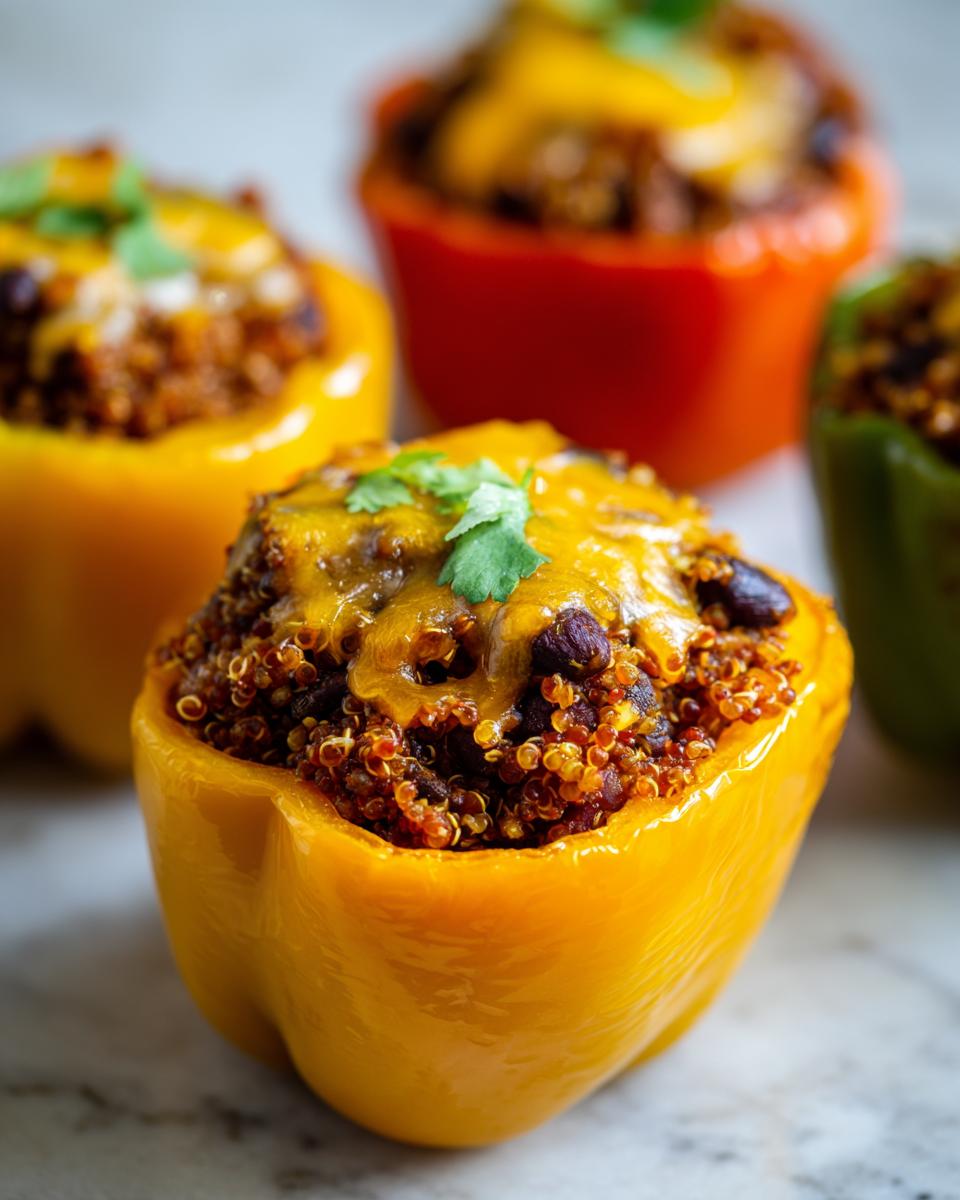 Close-up of stuffed bell peppers with quinoa and black beans topped with melted cheese and cilantro.