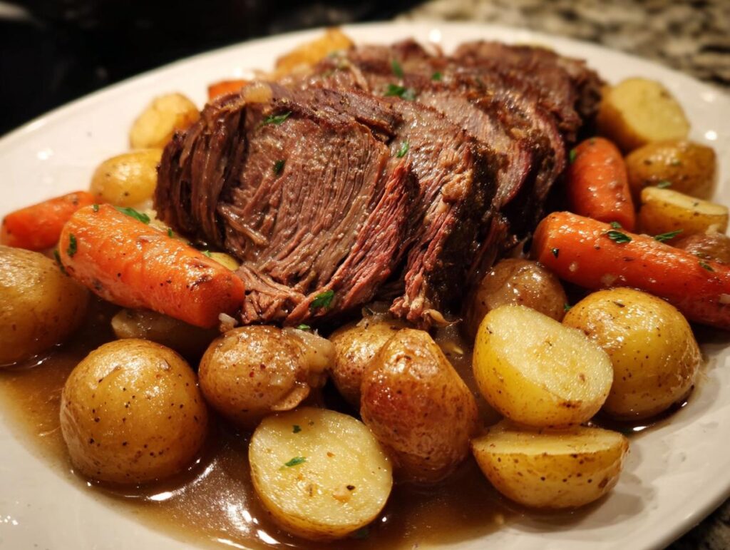 Sliced tender crockpot roast served with seasoned potatoes and carrots on a white plate