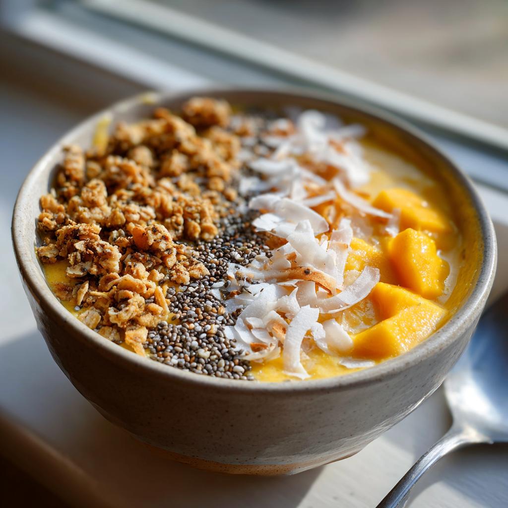 Tropical mango coconut smoothie bowl topped with granola, chia seeds, coconut flakes, and fresh mango chunks.