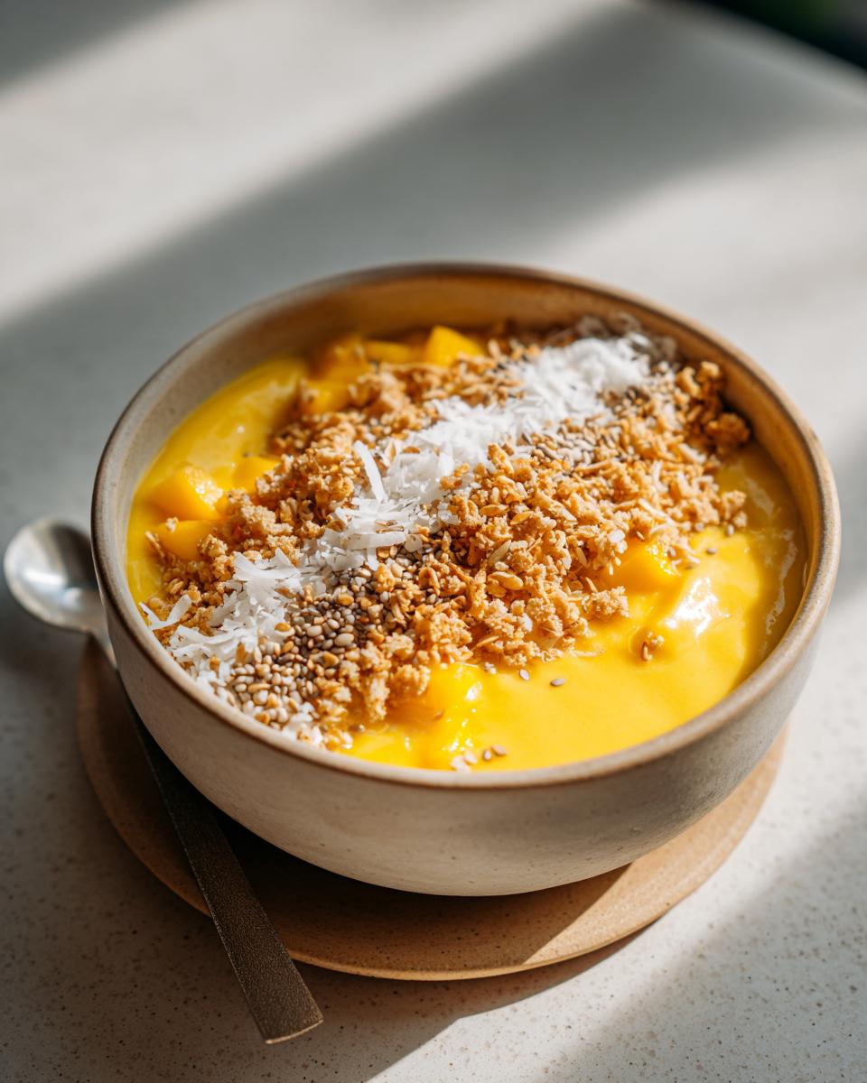 Bowl of tropical mango coconut smoothie bowl topped with granola, shredded coconut, and seeds