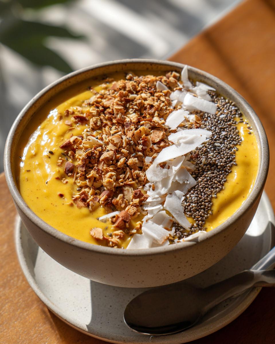 Bowl of tropical mango coconut smoothie bowl topped with granola, coconut flakes, and chia seeds