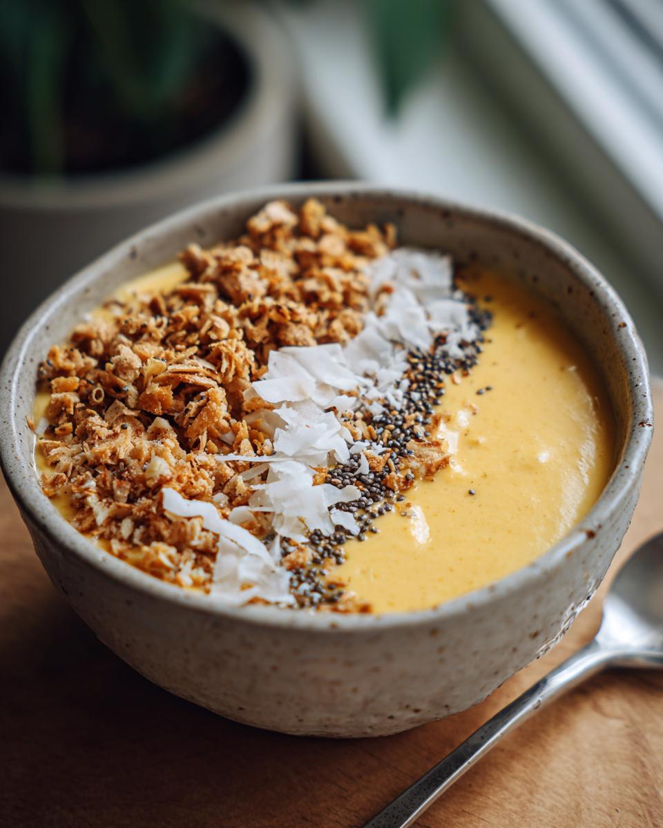 Tropical mango coconut smoothie bowl topped with granola, coconut flakes, and chia seeds in a ceramic bowl.