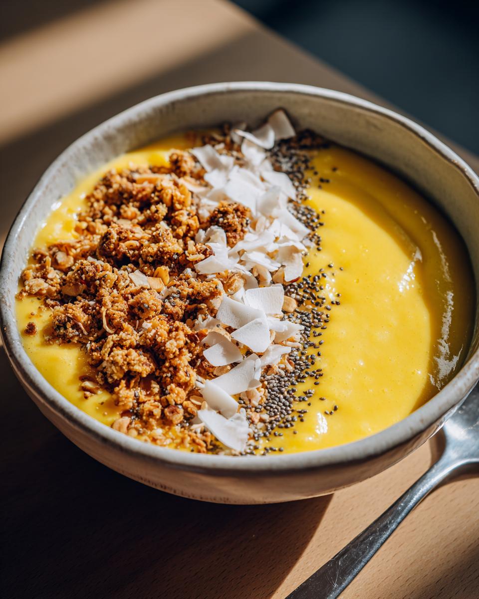 Tropical mango coconut smoothie bowl topped with granola, coconut flakes, and chia seeds in a ceramic bowl
