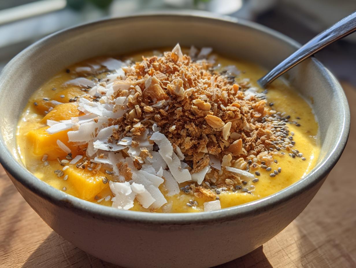 Close-up of a tropical mango coconut smoothie bowl topped with granola, coconut flakes, chia seeds, and fresh mango