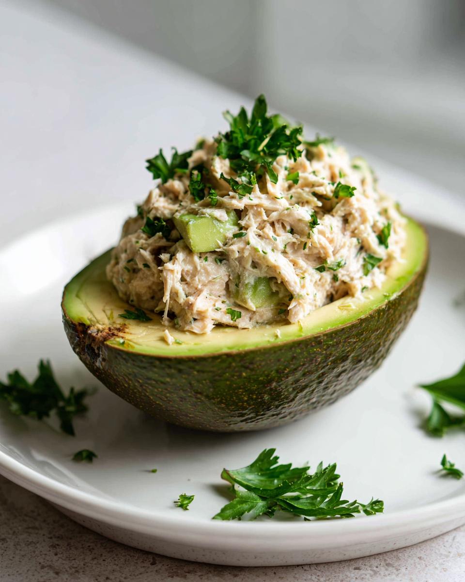 Avocado half filled with creamy tuna salad garnished with fresh parsley on a white plate.