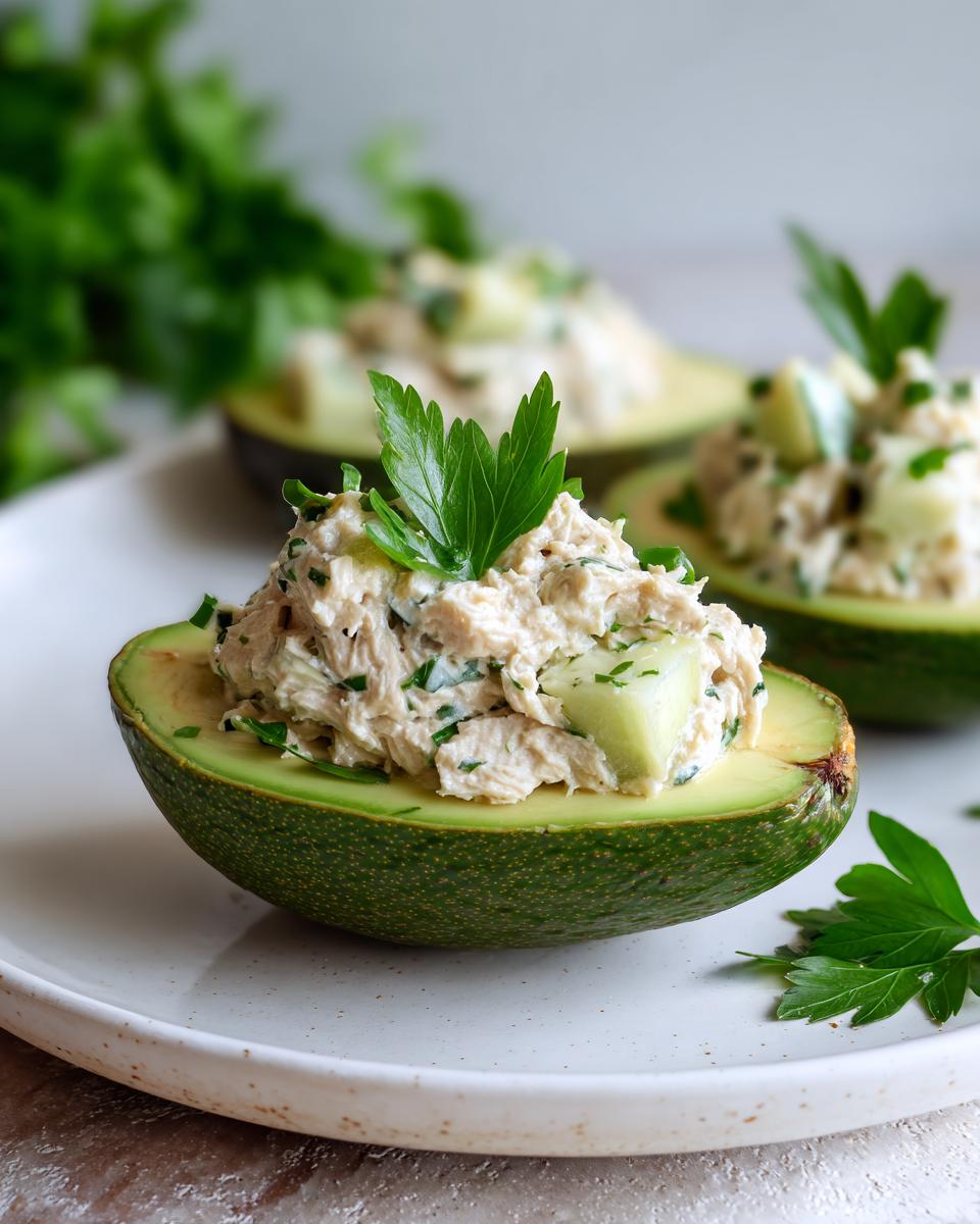 Avocado halves stuffed with creamy tuna salad garnished with fresh parsley on a white plate.