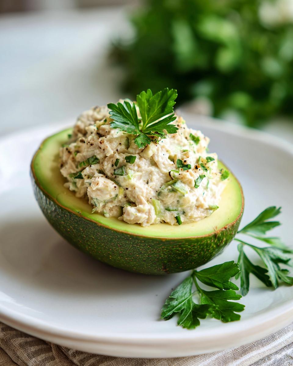 Fresh tuna salad stuffed avocado lunch idea garnished with parsley on a white plate.