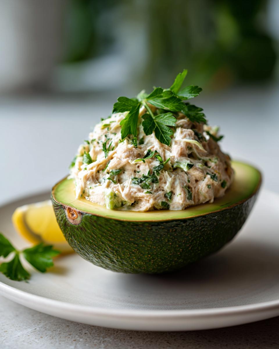 Avocado half stuffed with creamy tuna salad garnished with parsley on a white plate