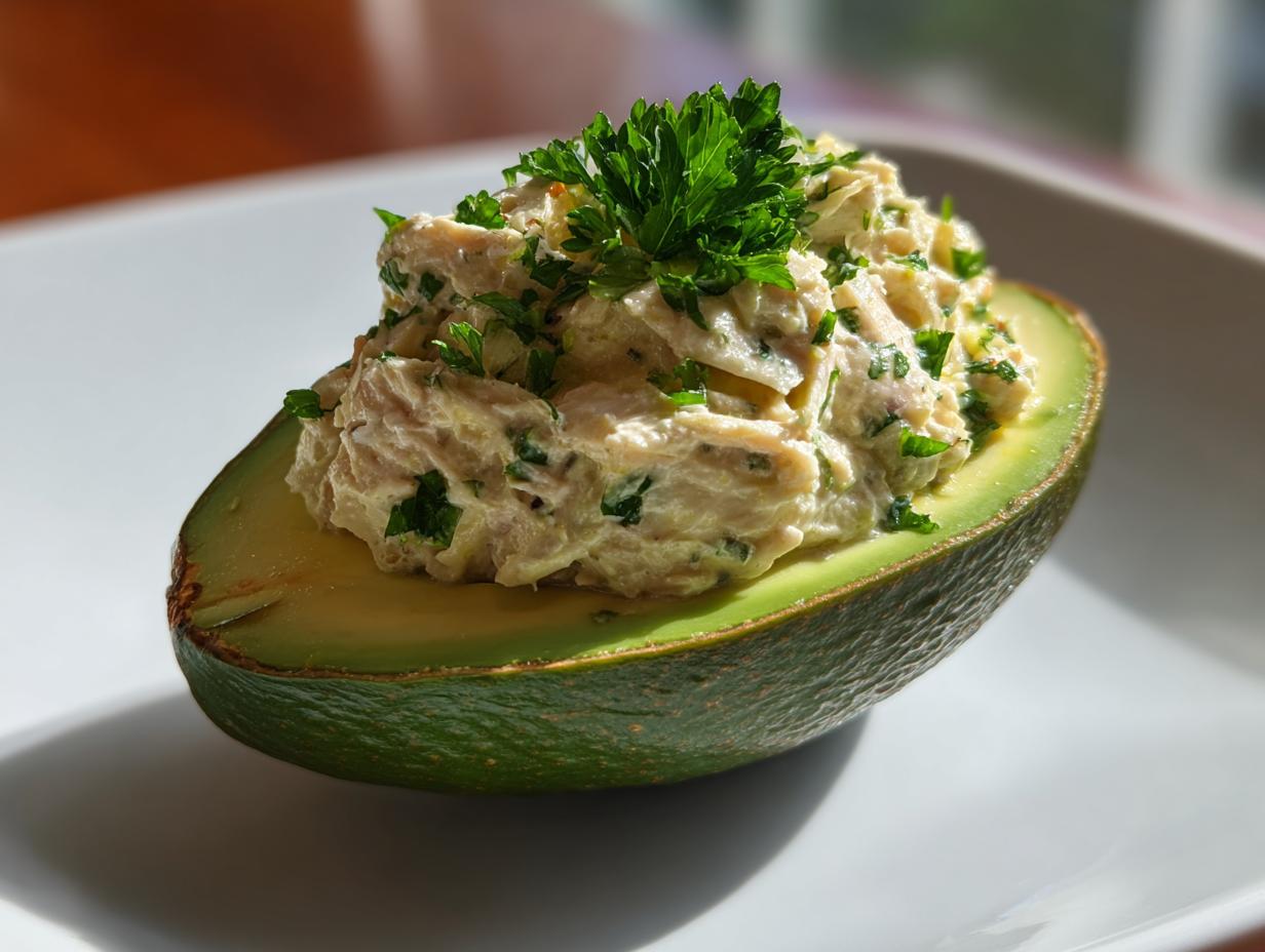 Fresh avocado half filled with creamy tuna salad garnished with parsley on white plate