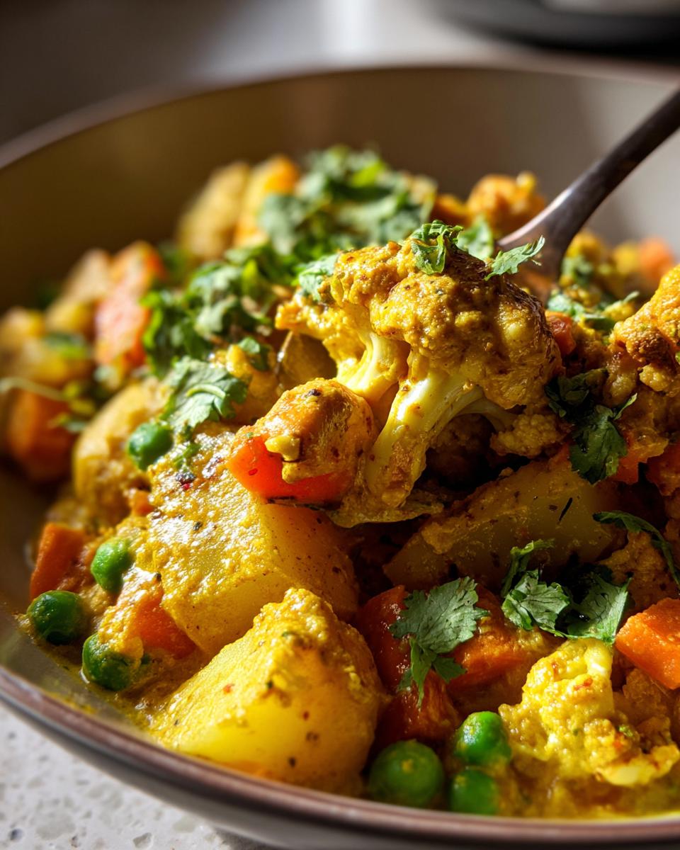 Bowl of creamy vegetable korma curry with cashews, featuring cauliflower, potatoes, carrots, peas, and fresh cilantro