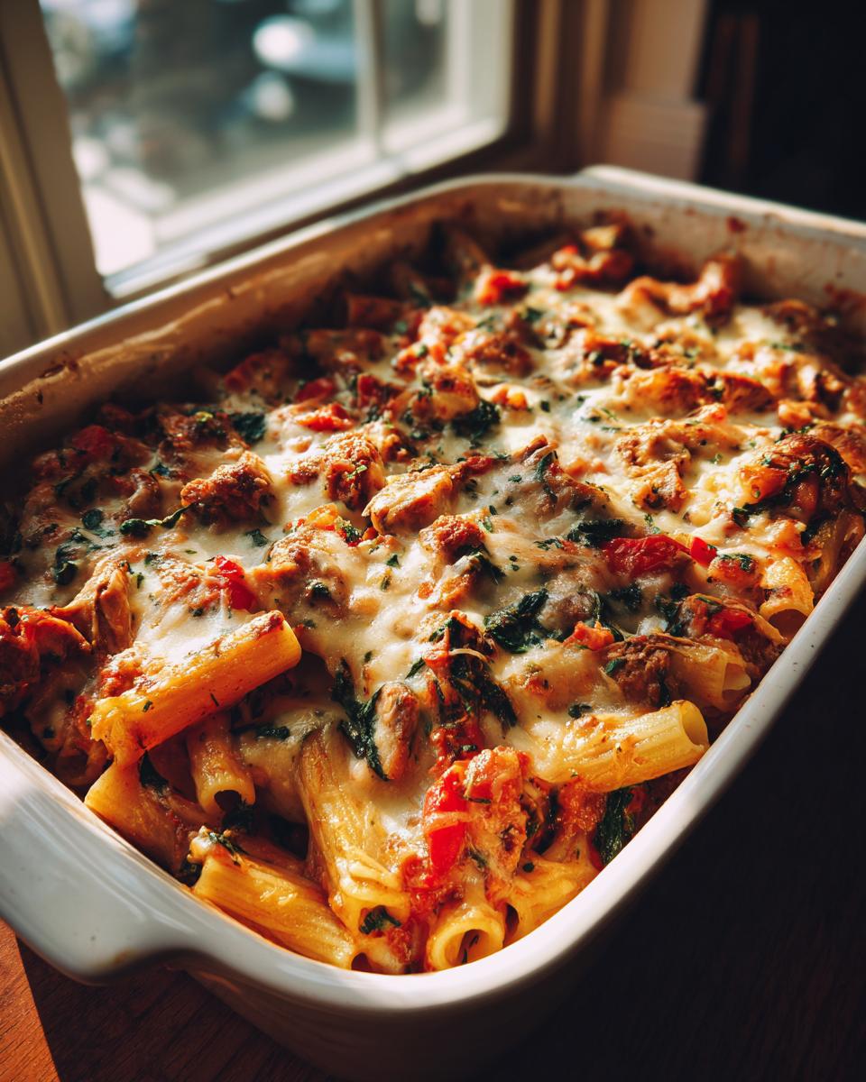 Close-up of veggie packed baked ziti with spinach topped with melted cheese in a white baking dish