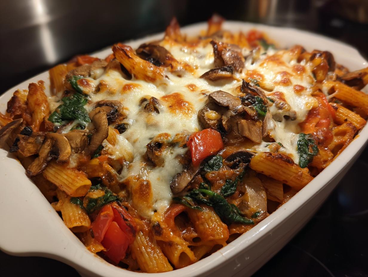 Baked ziti with mushrooms, spinach, red peppers, and melted cheese in white baking dish
