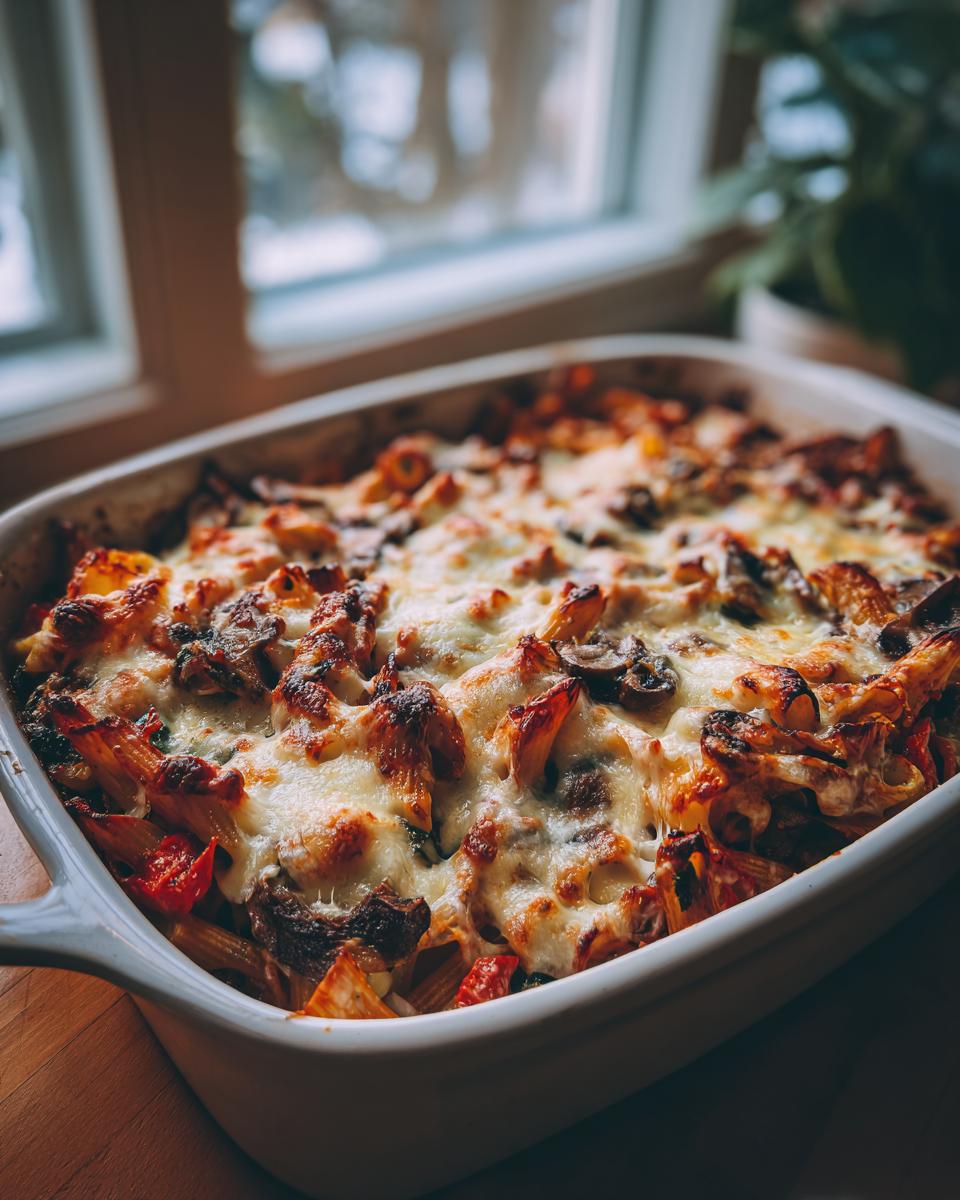 A casserole dish filled with veggie packed baked ziti with spinach topped with melted cheese.