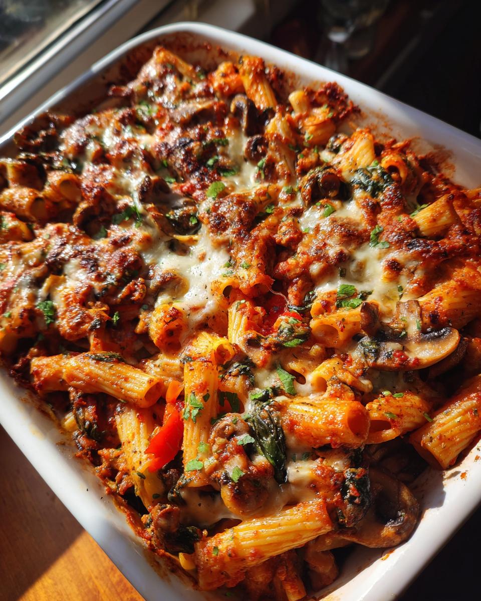 Close-up of a veggie packed baked ziti with spinach topped with melted cheese in a white baking dish.