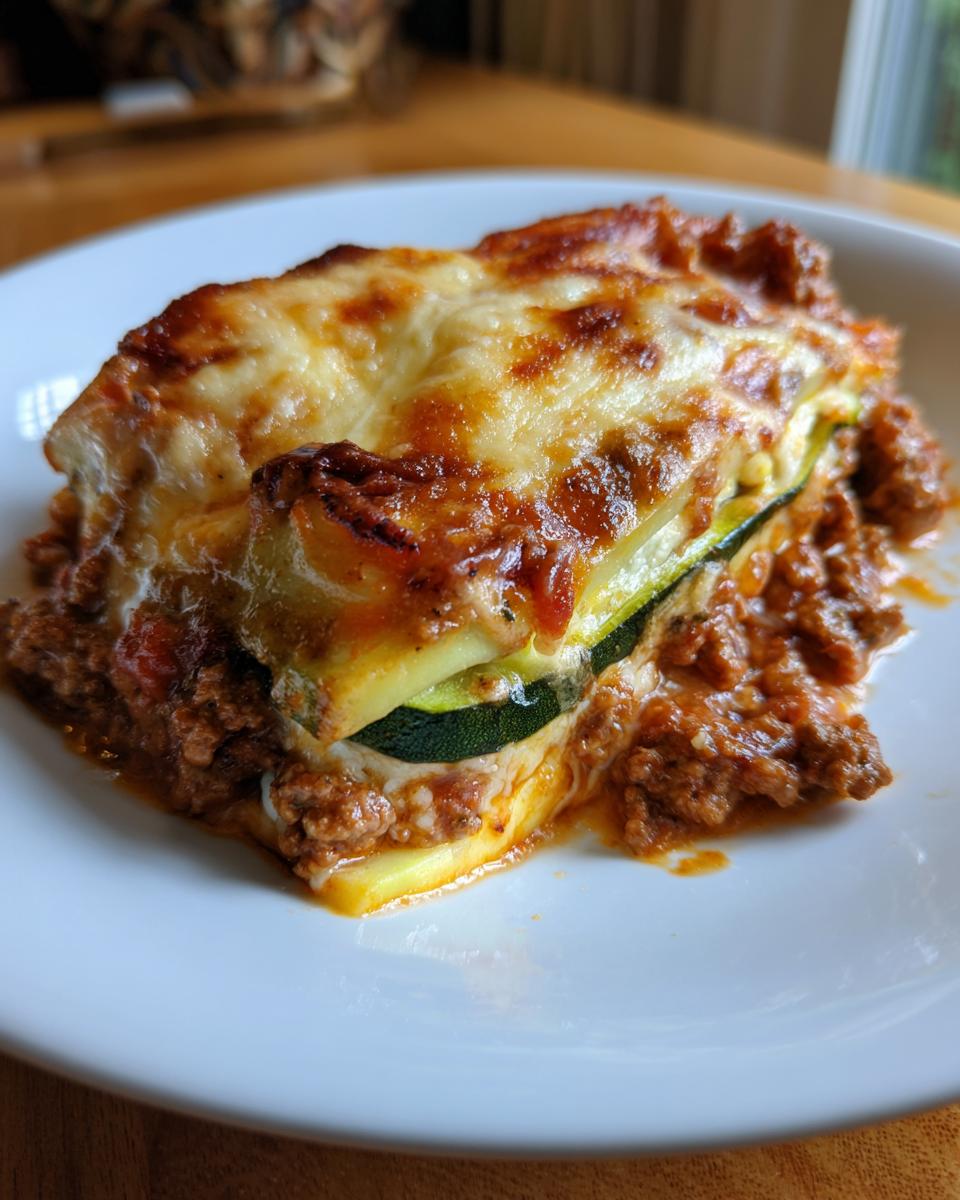 A slice of zucchini lasagna with ground turkey topped with melted golden cheese on a white plate.