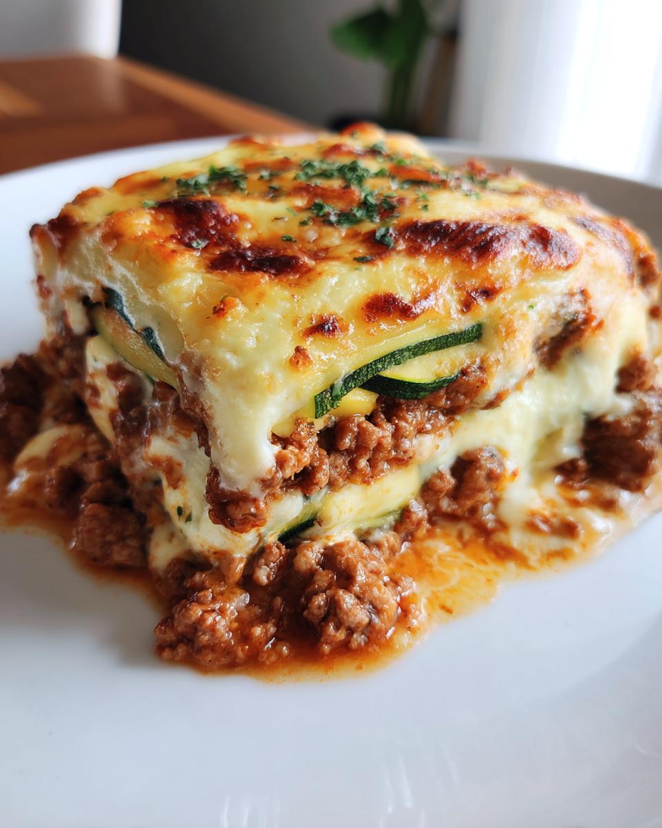 Close-up of a slice of zucchini lasagna with ground turkey and melted cheese on a white plate