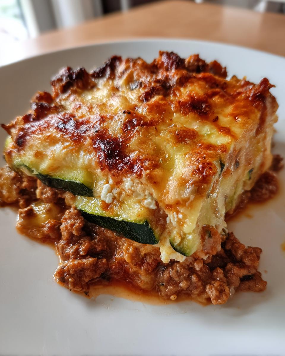 Plate with a slice of zucchini lasagna with ground turkey showing melted cheese and meat sauce layers.