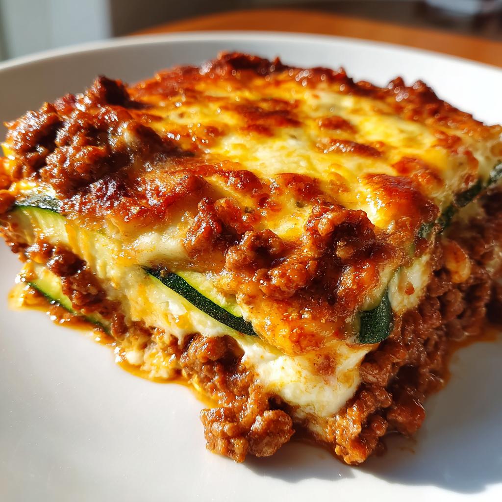 A close-up slice of zucchini lasagna with ground turkey and melted cheese on a white plate.