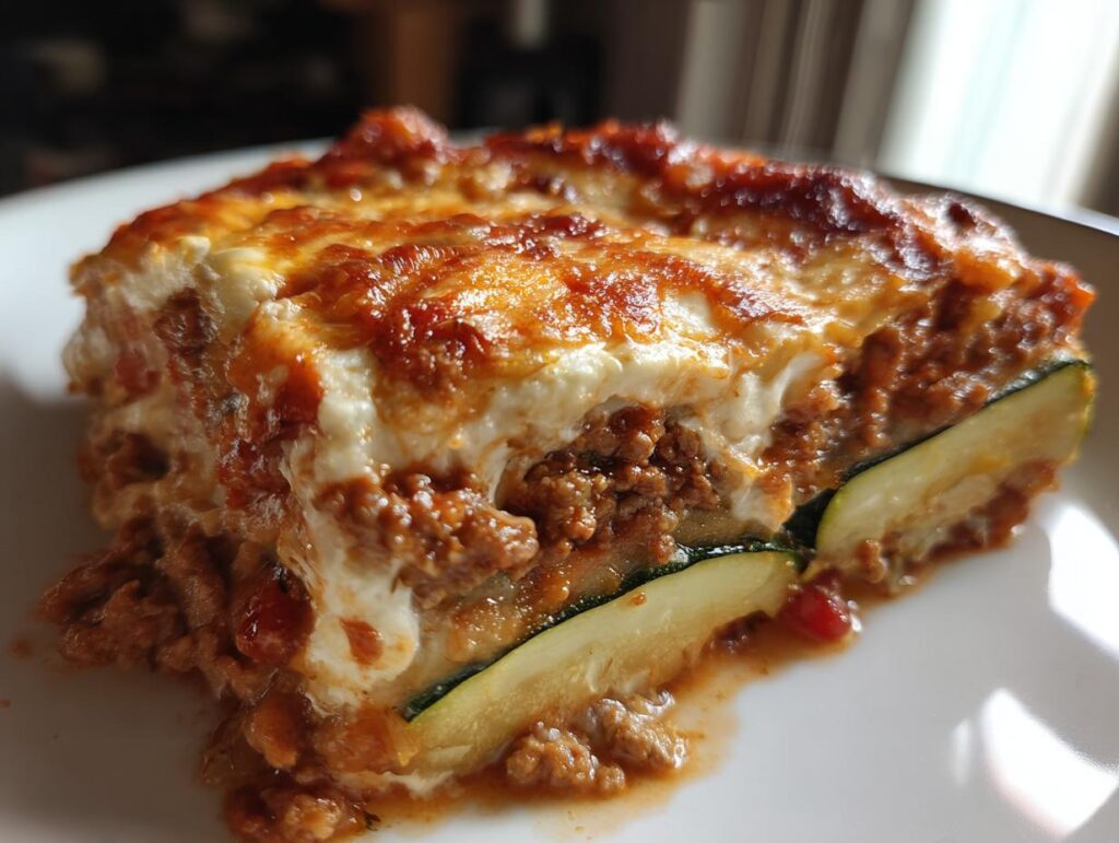 A close-up slice of zucchini lasagna with ground turkey and melted cheese on a white plate.