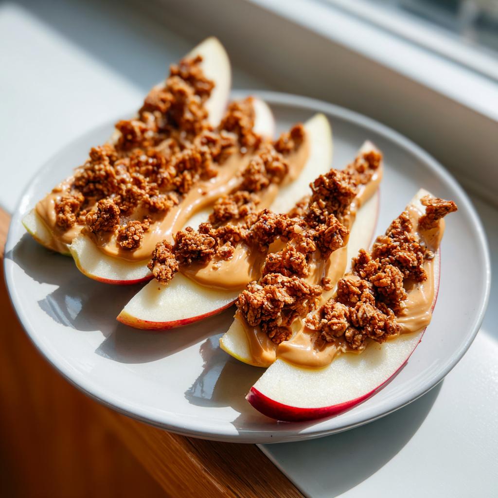 Four apple slices topped with peanut butter and crunchy granola on a white plate.