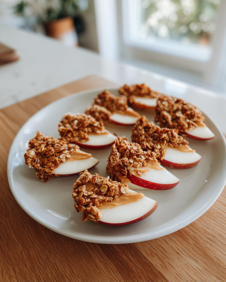 Plate of apple slices topped with peanut butter and granola arranged neatly.