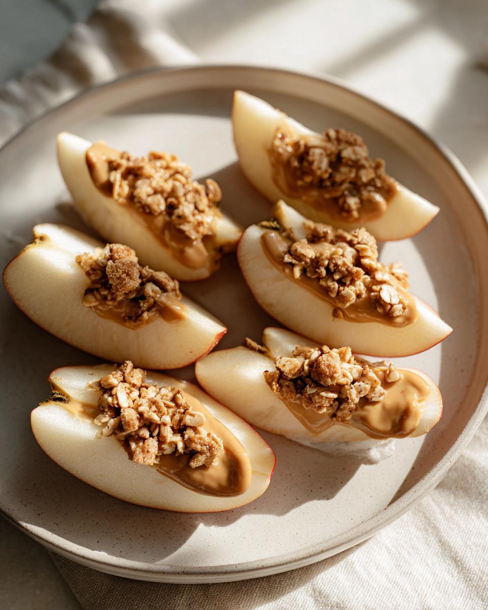 Plate of apple slices topped with peanut butter and granola clusters.