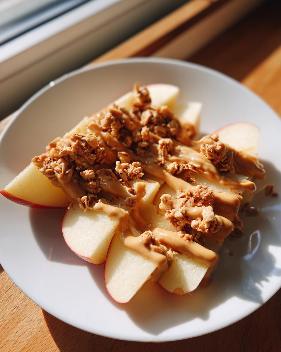 Fresh apple slices topped with peanut butter and crunchy granola on a white plate.