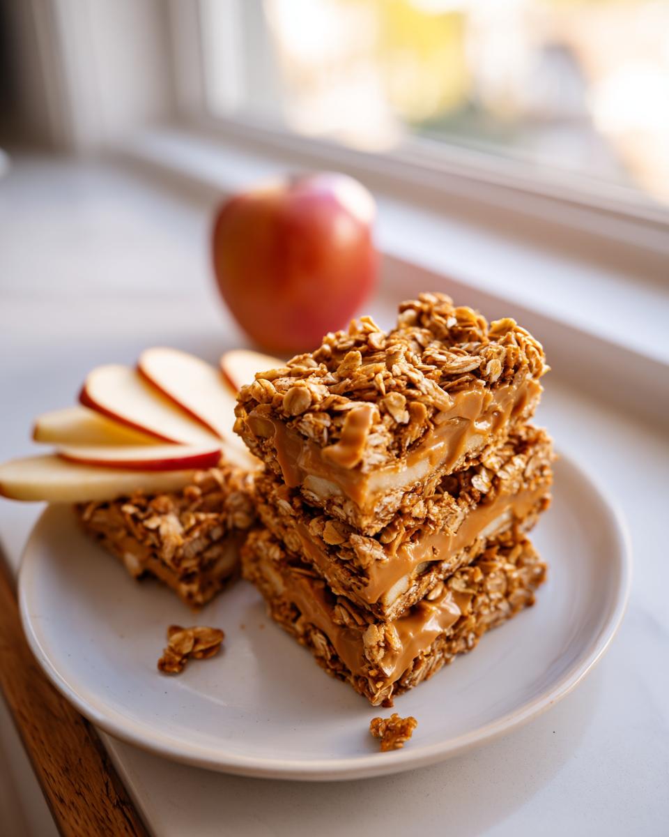 Stack of apple slices with peanut butter and granola bars on a white plate with apple slices in background
