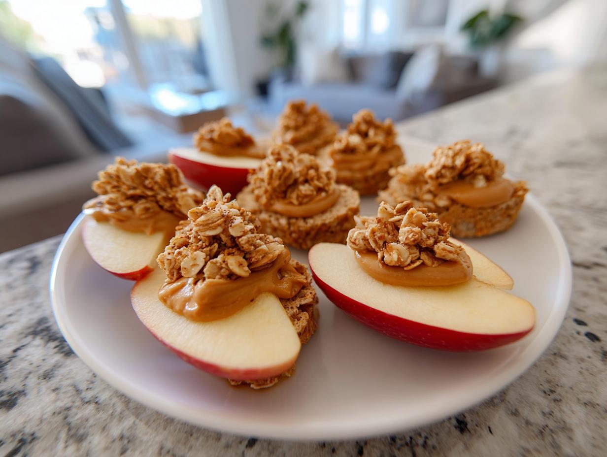 Plate of apple slices topped with peanut butter and granola on a kitchen counter.