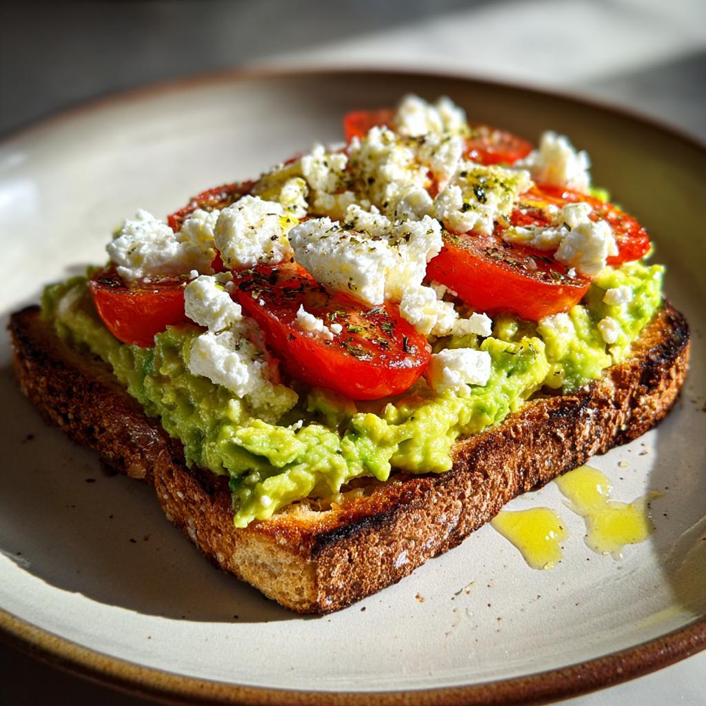 Slice of avocado toast with tomato slices and crumbled feta cheese on a plate
