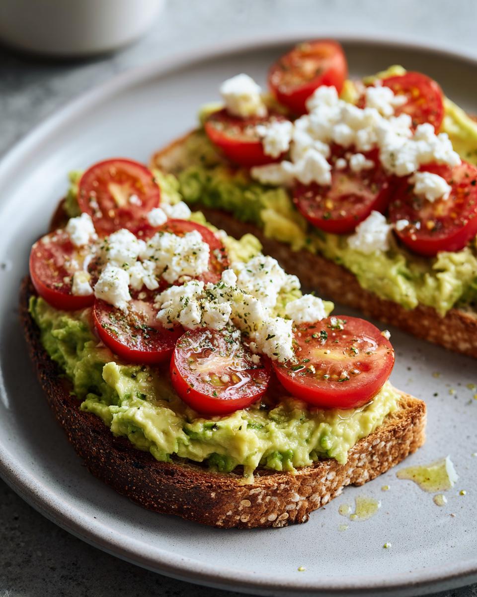Two slices of avocado toast with tomato and feta cheese on a gray plate.