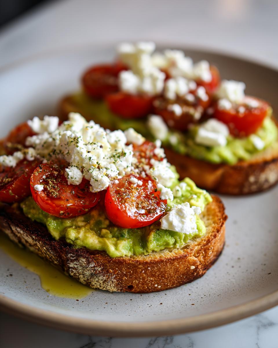 Two slices of avocado toast with tomato and feta cheese on a plate.