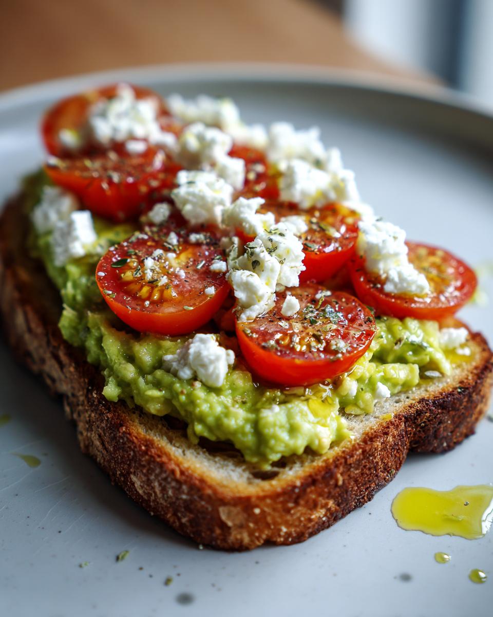 Slice of avocado toast with tomato and feta cheese on a plate with olive oil drizzle