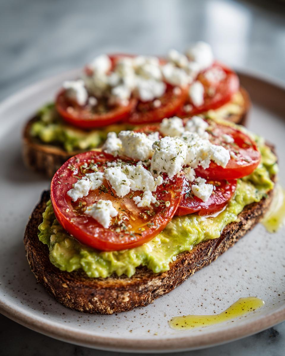 Close-up of avocado toast with tomato and feta cheese on toasted bread with olive oil drizzle