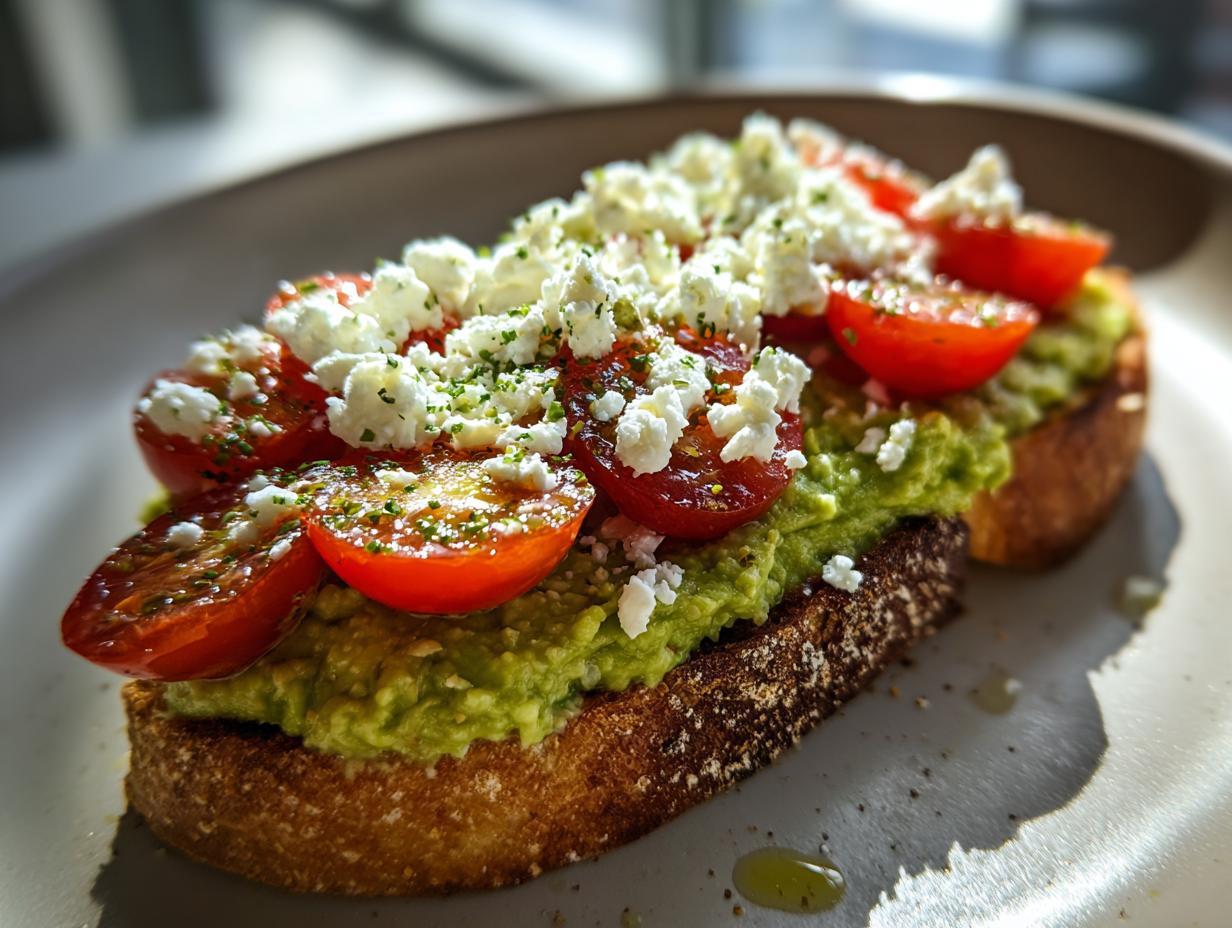 Close-up of avocado toast with tomato and feta cheese on toasted bread.