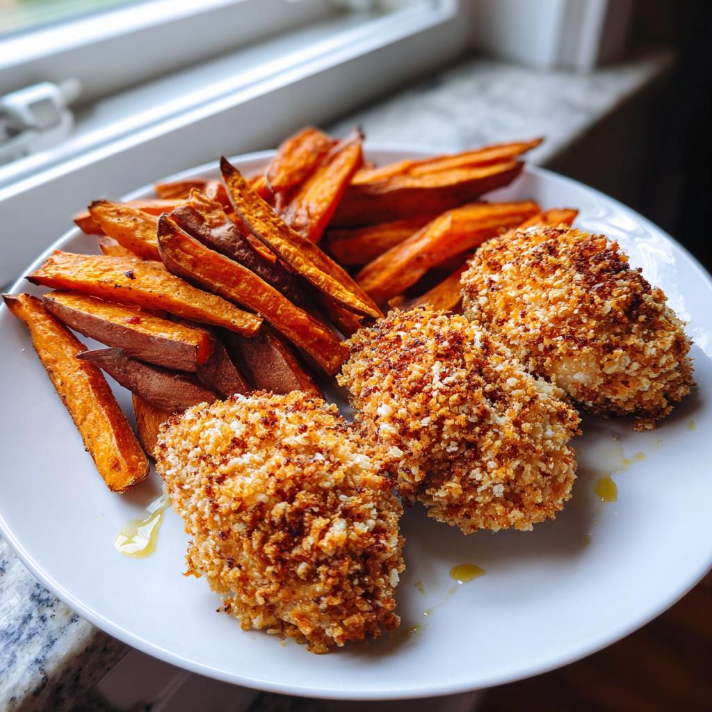 Plate with crispy baked chicken tenders and golden sweet potato fries