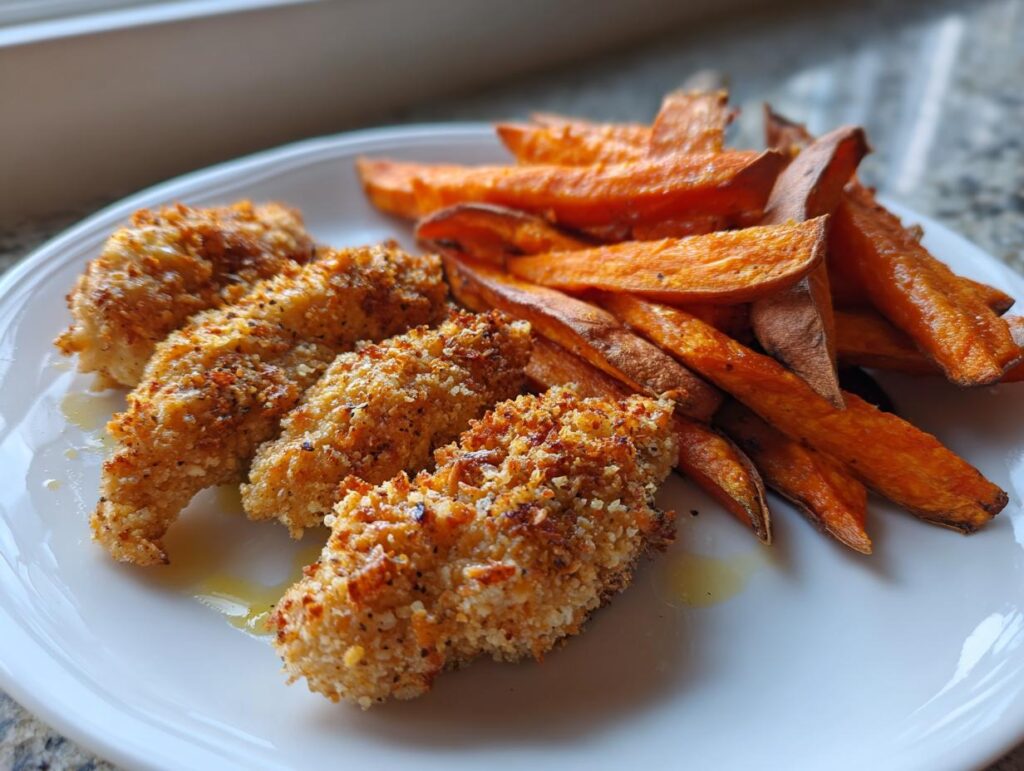 Plate with crispy baked chicken tenders and golden sweet potato fries