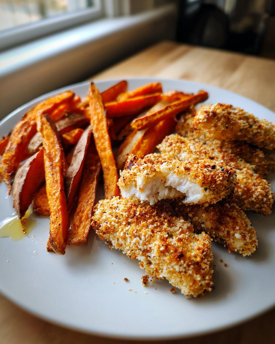 Plate of baked chicken tenders with crispy golden crust and sweet potato fries.