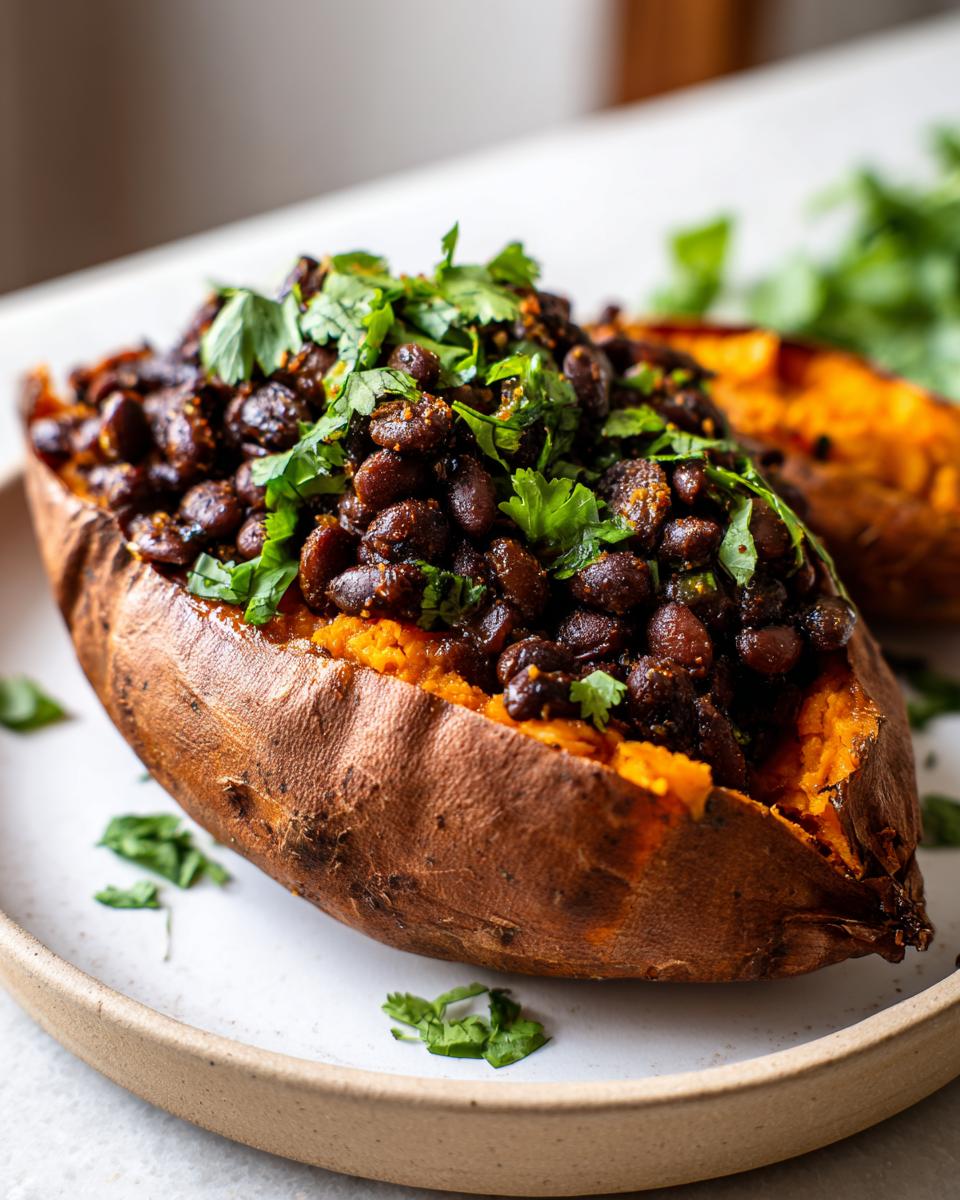 Close-up of a baked sweet potato topped with black beans and fresh cilantro on a plate.