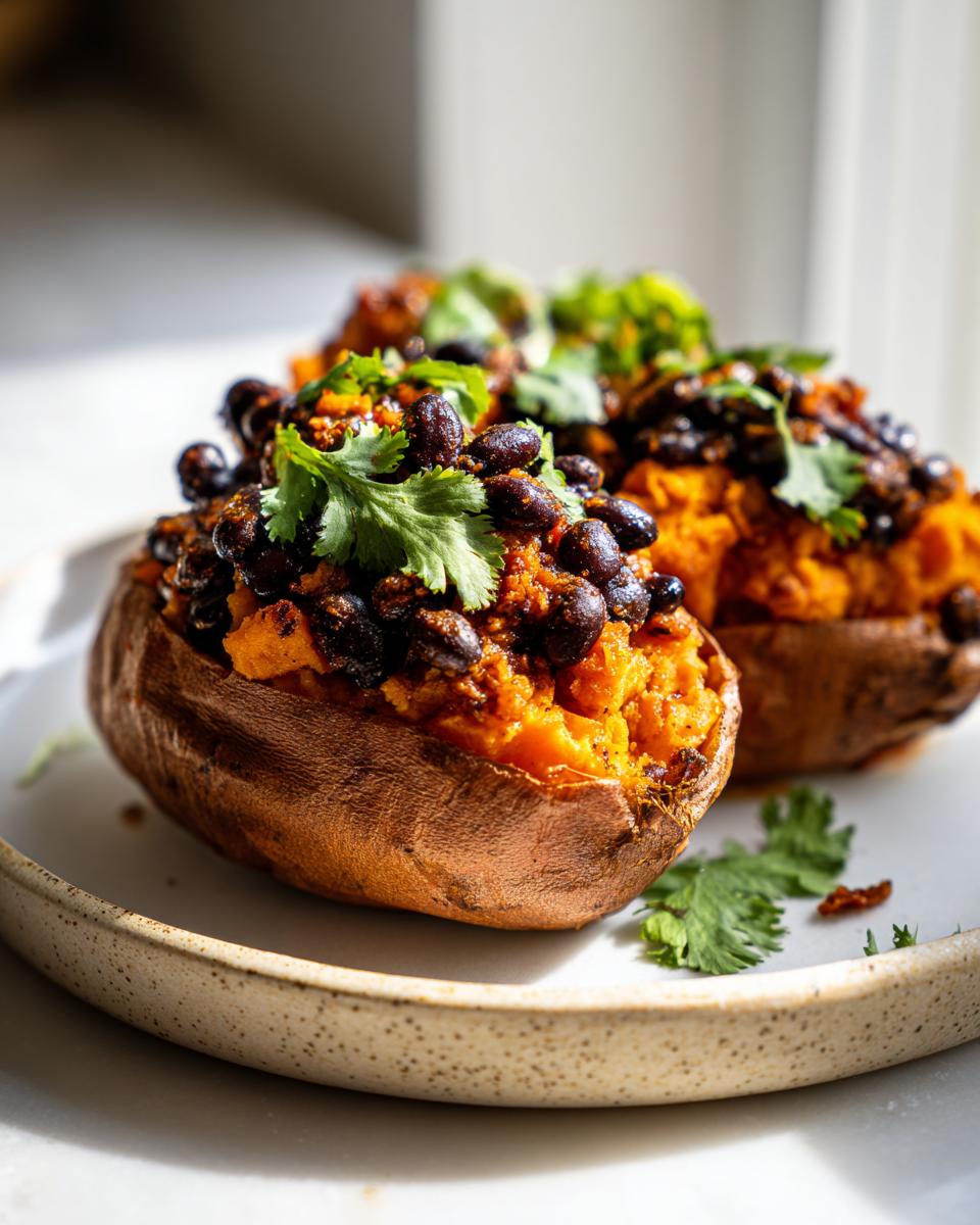 Close-up of baked sweet potato topped with black beans and garnished with fresh cilantro on a plate.