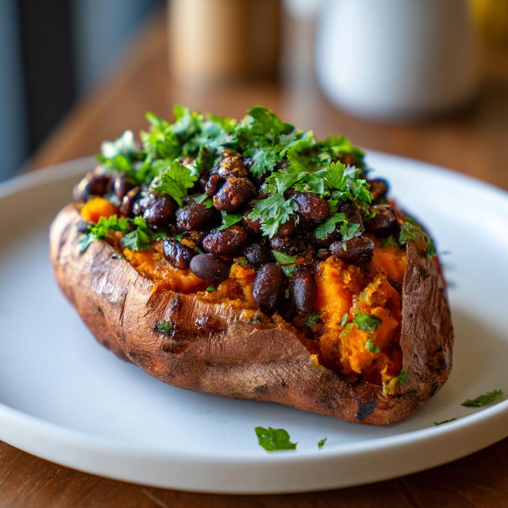 Baked sweet potato topped with black beans and fresh cilantro on a white plate.