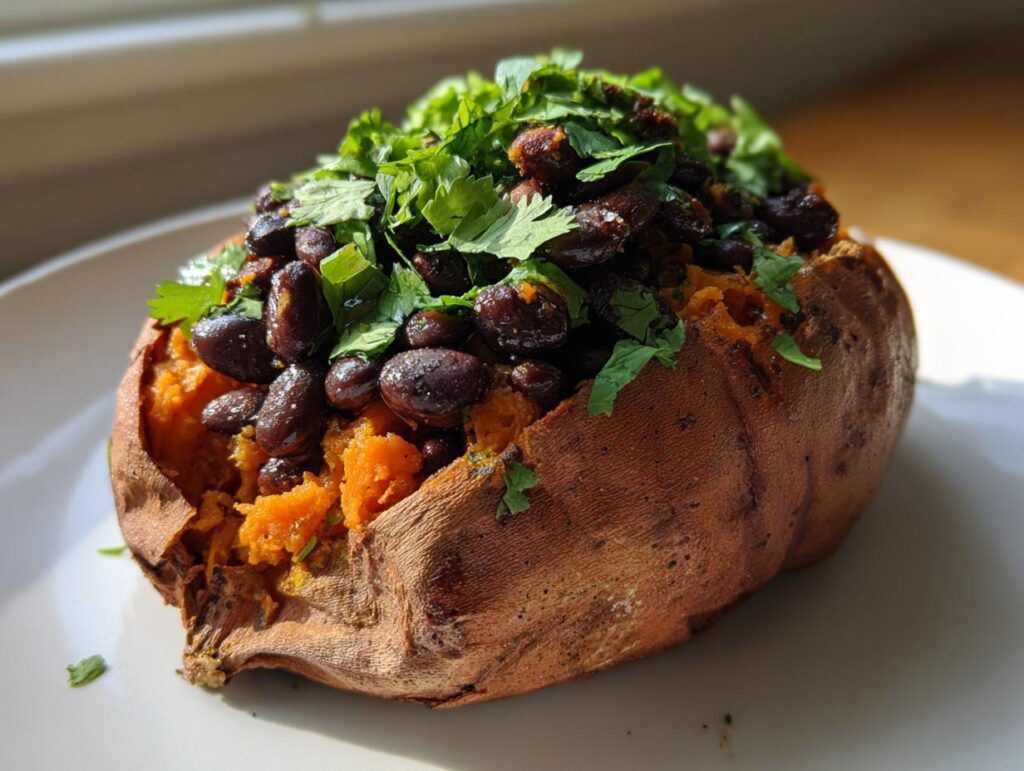 Close-up of a baked sweet potato topped with black beans and fresh cilantro on a white plate.