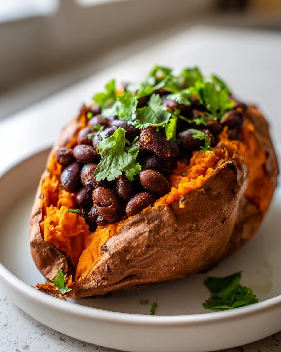 Close-up of a baked sweet potato topped with black beans and fresh cilantro on a white plate.